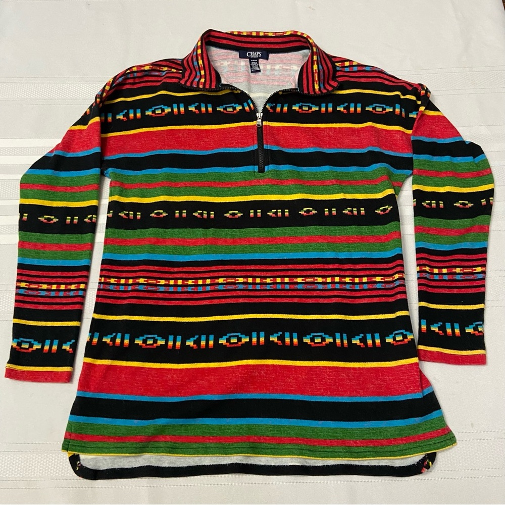 Chaps Womens 1/4 Zip Multicolor Aztec Southwestern Design Soft Cotton Top Size S
